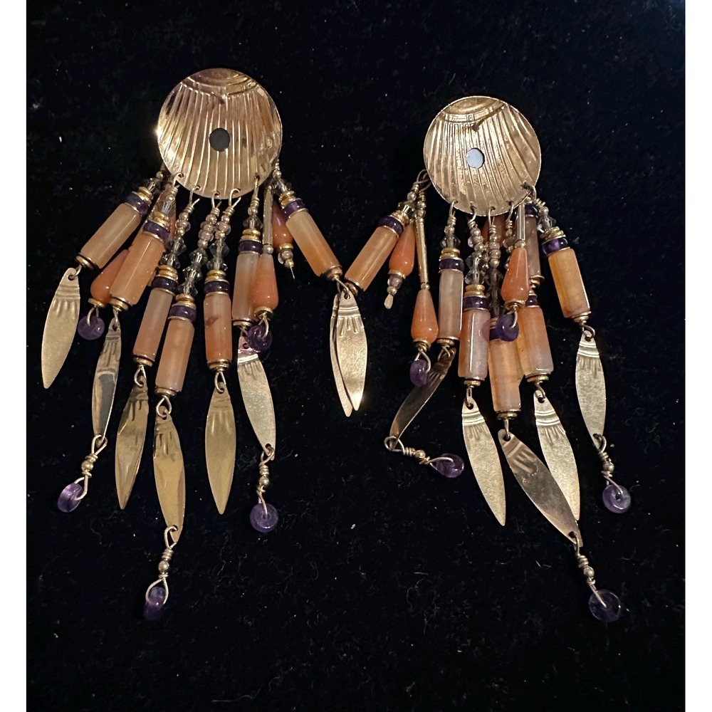 Tabra Gold Filled Moonstone Agate & Amethyst Dangle Earrings - Picture 6 of 9